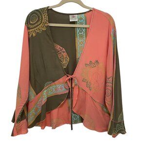 Global Village Rayon Handcrafted Artwear Wrap Top L Coral Olive Boho Festival